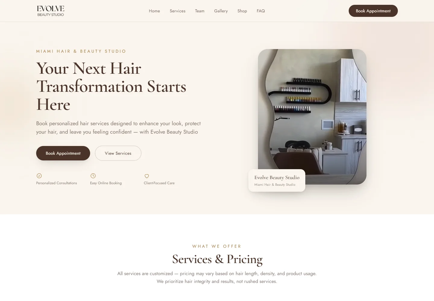 Desktop preview of the Evolve Beauty Co. website